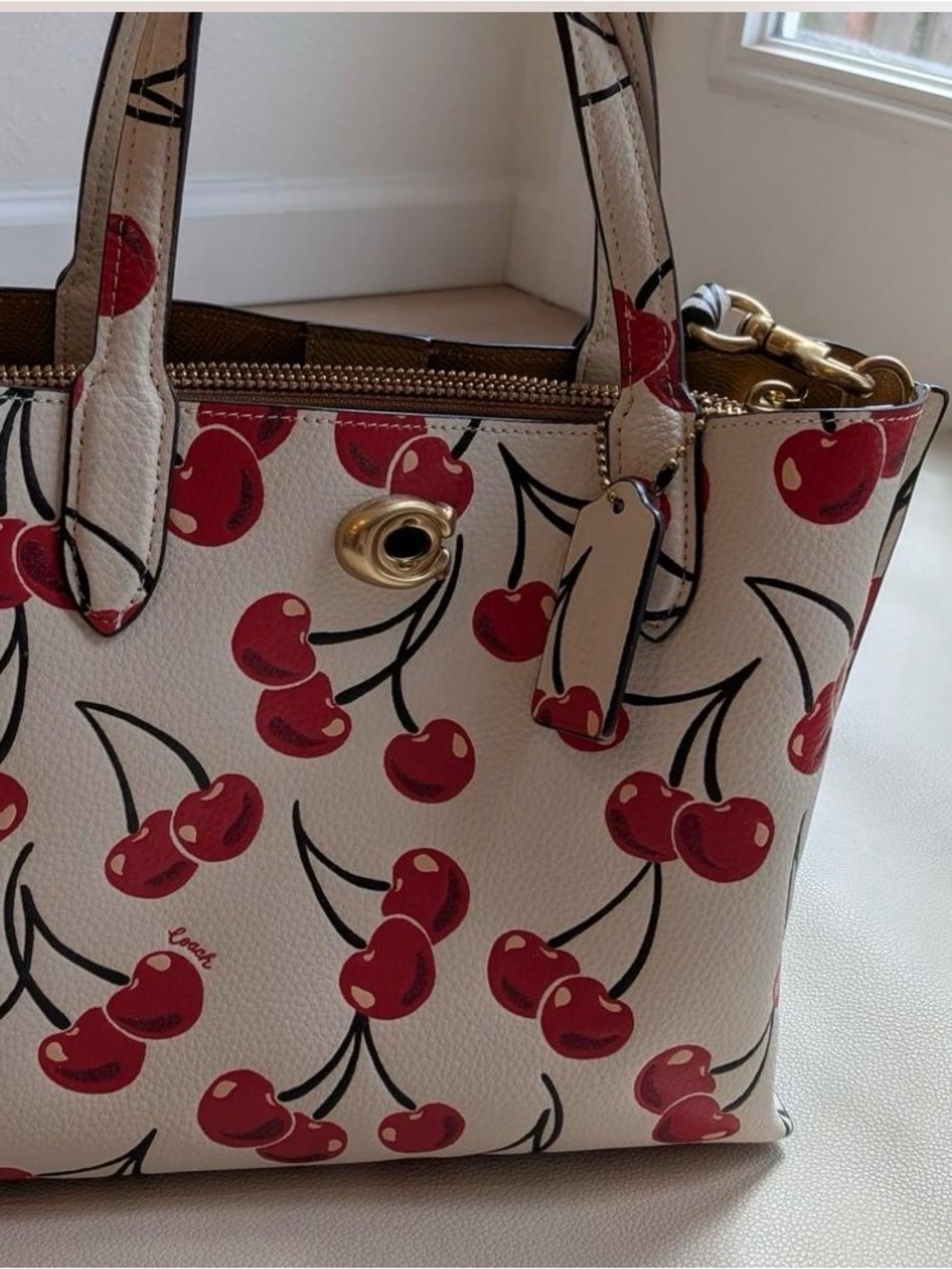 Coach White Leather Satchel with Red Cherry Print